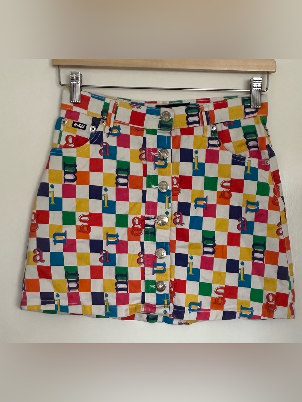 Minga London Women’s Rainbow Check Mini Skirt Size 2 USA Button Front Multicolor - Picture 8 of 9
